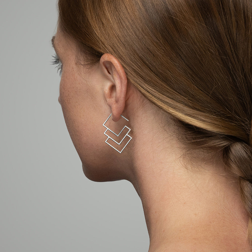Maze Earrings, large (1.5 in), stainless steel, worn