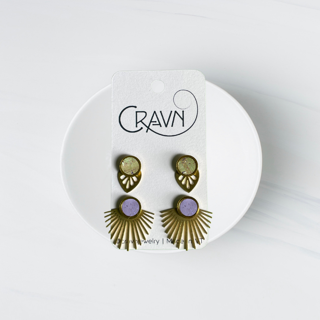 Earrings, Interchangeable Studs, Brass Leaf Fringe, Cravn Jewelry