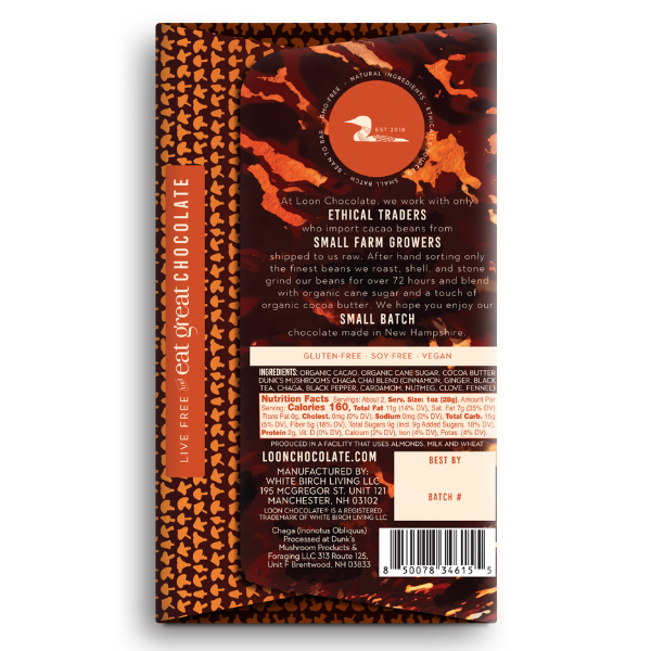 Chocolate Bar, Chaga Chai Dark, Loon Chocolate