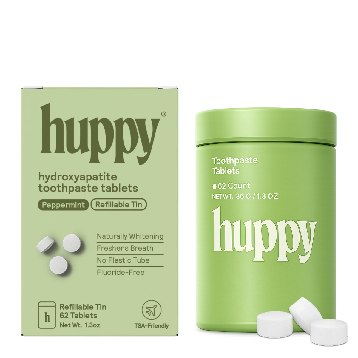 Toothpaste Tablets, Peppermint, Fluoride-Free (Jar), Huppy