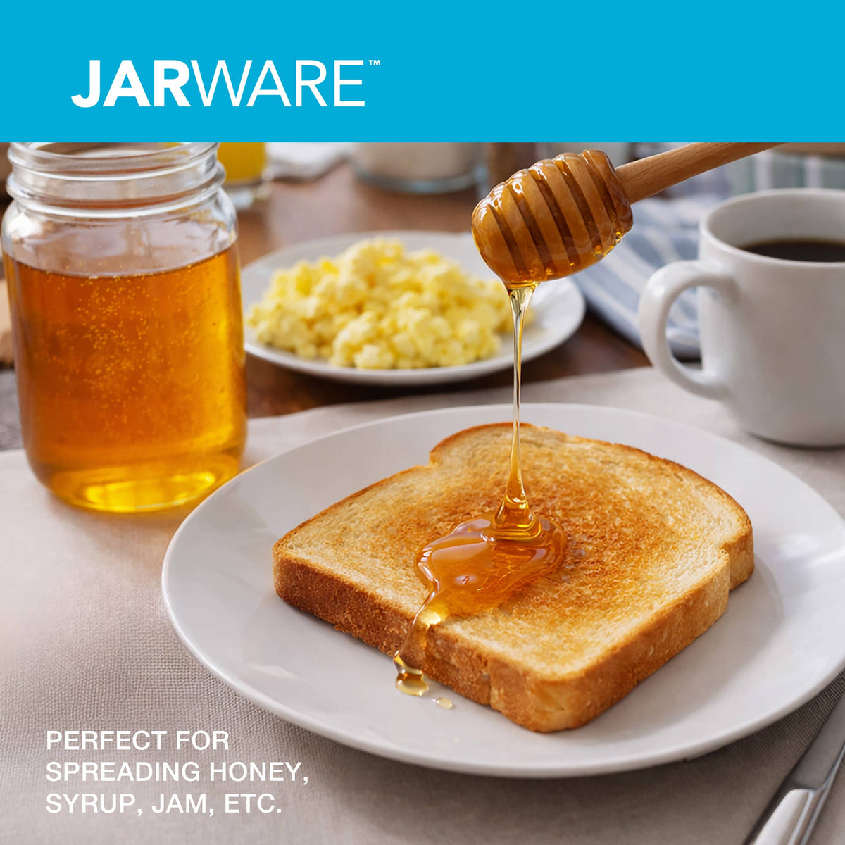 Jarware honey dipper drizzling honey over toast
