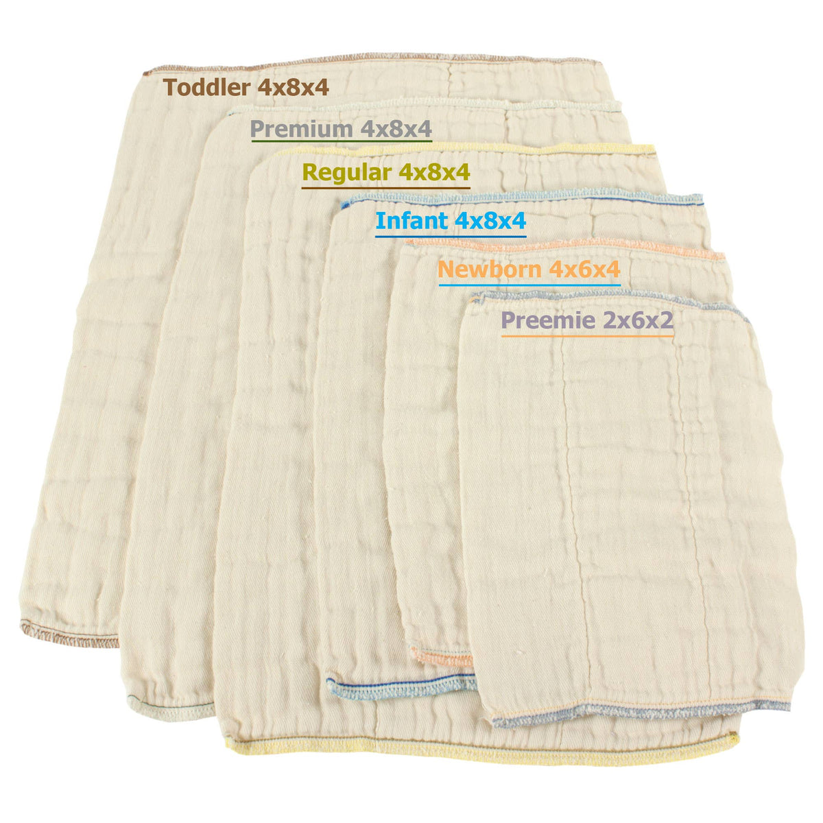 OsoCozy unbleached prefolds, all sizes side by side (Regular has yellow stitching)