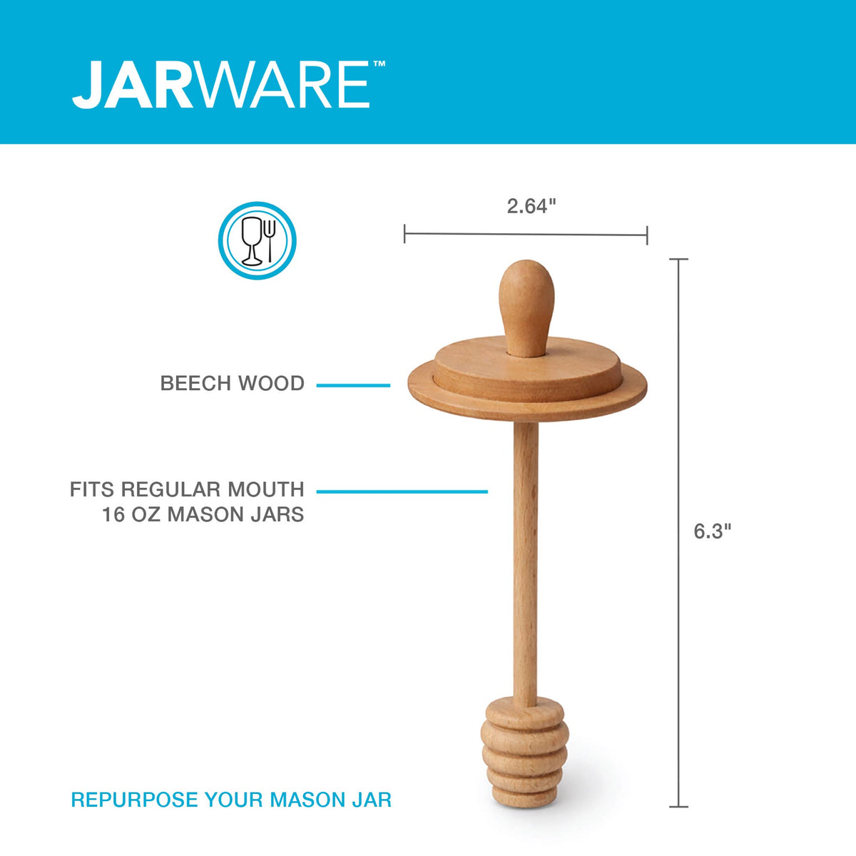 Jarware honey dipper lid dimensions, beech wood, fits regular mouth jars