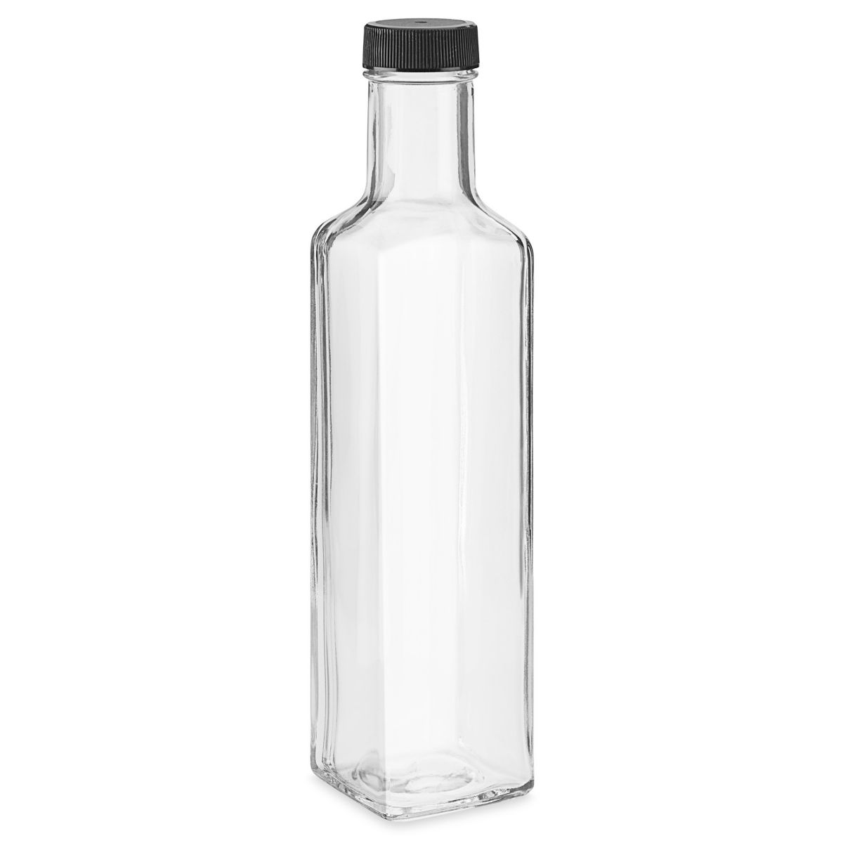 8 oz clear glass oil and vinegar bottle with black screw cap