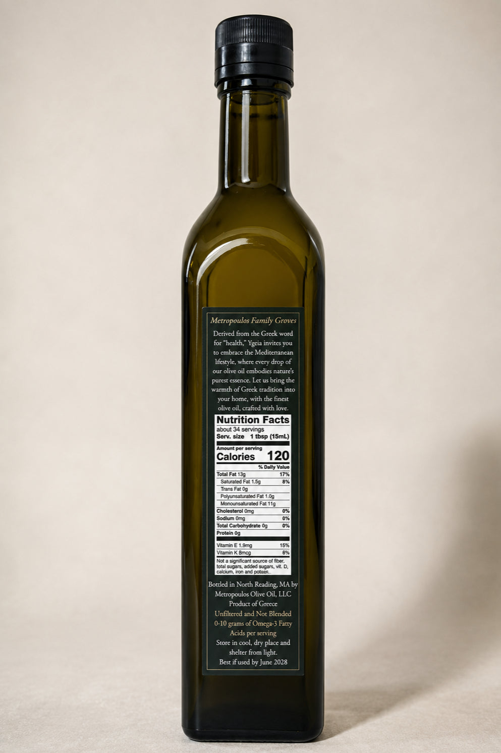 Back label of Ygeia olive oil bottle
