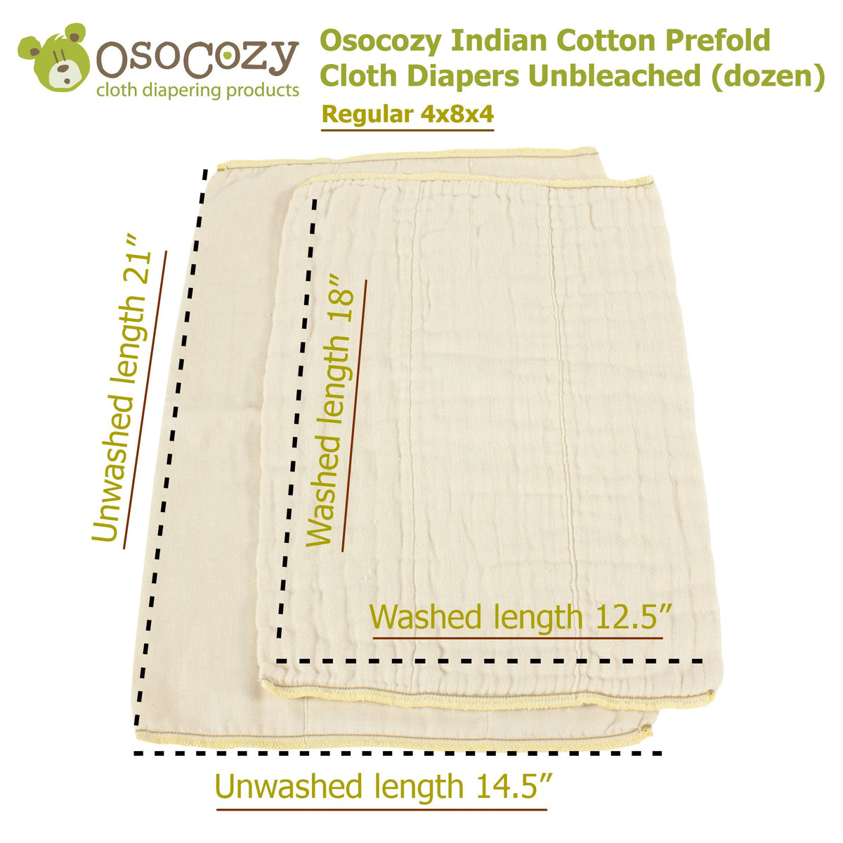 OsoCozy unbleached cotton prefold, Regular size: unwashed 14.5 x 21 in, washed 12.5 x 18 in