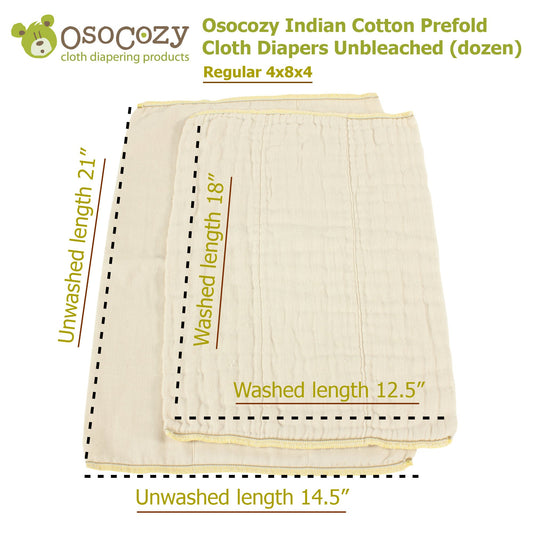 OsoCozy unbleached cotton prefold, Regular size: unwashed 14.5 x 21 in, washed 12.5 x 18 in