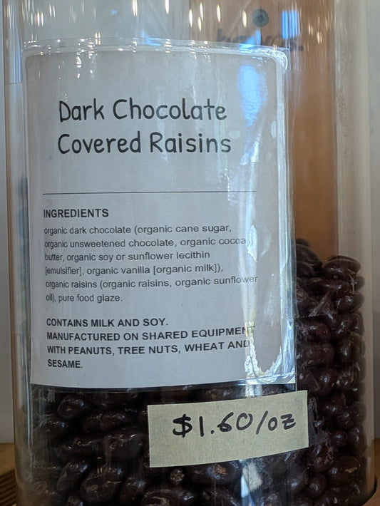 Dark Chocolate Covered Raisins in the Sifted Refillery bulk bin