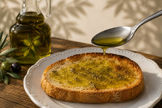 Ygeia olive oil poured over bread